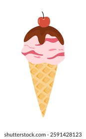 A flat illustration of a classic ice cream cone topped with a red cherry, adding a fun touch to any summer-themed design.