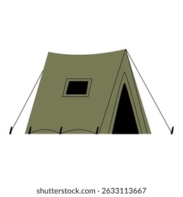 Ilustração plana de um estilo militar clássico Uma tenda de moldura com cordas e estacas. Possui uma janela e entrada, representando acampamento, abrigo de campo ou configuração de sobrevivência ao ar livre.