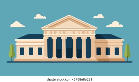 Flat illustration of classical government building with columns and wide steps against blue sky and clouds depicts bank or court.