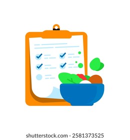 Flat illustration of a clipboard with a organic, nutritious food. daily nutrition checklist, healthy meal planning, balanced diet, or dietary tracking. concept for health, wellness, or nutrition apps