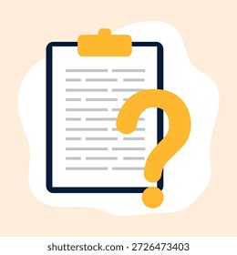Una ilustración plana de un Portapapeles con un signo de interrogación, que simboliza la indagación, la ayuda y la incertidumbre. El diseño limpio y moderno es adecuado para Encuestas, preguntas frecuentes, páginas de Asistencia y conceptos de resolución de problemas.