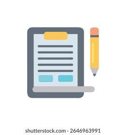 Una ilustración plana de un Portapapeles con líneas de escritura y un lápiz amarillo, aislado en un fondo blanco.