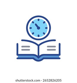 Flat illustration with a clock above an open book against a White Background; minimalistic style and soft colors used.