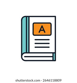 Flat illustration of a closed black book, an orange square on the cover features the letter A.
