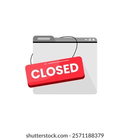 Flat illustration of a closed service or website announcement. Features a web page with Closed hanging sign, symbolizing temporary unavailability, closure or shutdown of services for apps or websites