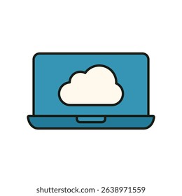 Flat illustration of cloud symbol on blue laptop screen representing cloud storage and online data access
