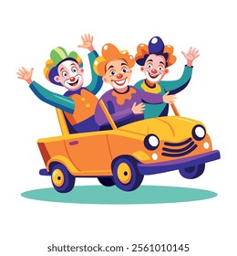 A flat illustration of clown car with three circus characters 

