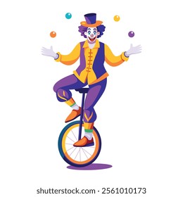 A flat illustration of a clown juggling balls on a single wheel bicycle 
