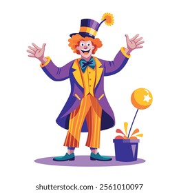 A flat illustration of a clown magic with balloon 
