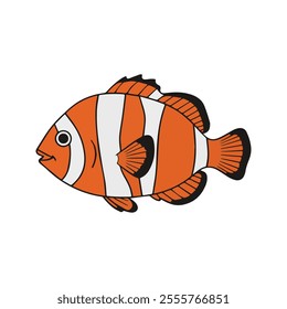 Flat illustration of a clownfish with bright orange body, white stripes, compact shape, minimalistic design, clean background