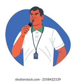 A flat illustration of a coach blowing a whistle 
