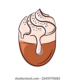 Flat illustration of a coffee cup with whipped cream and cinnamon seasoning. Perfect for cafe delivery packaging, bakery branding or food design element on white background.