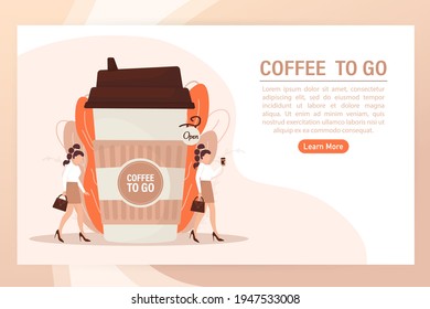 Flat illustration with coffee to go people. Cartoon people illustration. Characters with drink in paper cup. Shop, drink, coffee to go concept.