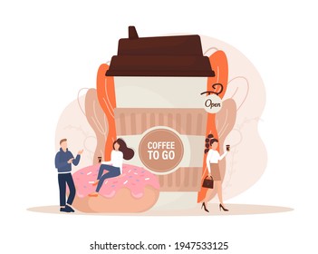 Flat illustration with coffee to go people. Cartoon people illustration. Characters with drink in paper cup. Shop, drink, coffee to go concept.