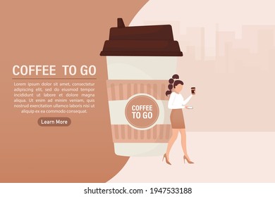 Flat illustration with coffee to go people. Cartoon people illustration. Characters with drink in paper cup. Shop, drink, coffee to go concept.