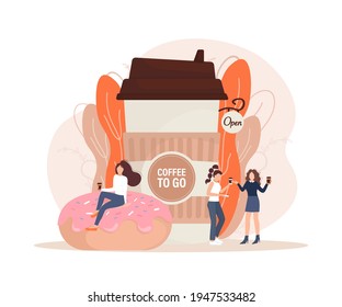 Flat illustration with coffee to go people. Cartoon people illustration. Characters with drink in paper cup. Shop, drink, coffee to go concept.