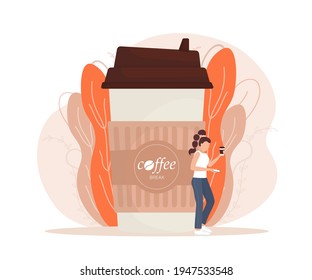 Ilustración plana con café para ir a la gente. Ilustración de caricaturas. Personajes con bebida en un vaso de papel. Compra, bebe, café para ir concepto.