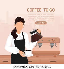 Flat illustration with coffee to go people. Cartoon barista illustration. Characters with drink in paper cup. Shop, drink, coffee to go concept.
