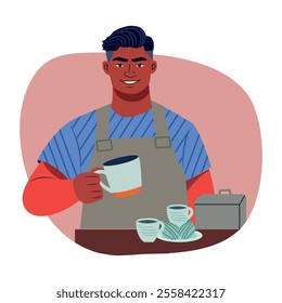 A flat illustration of a coffee maker character 

