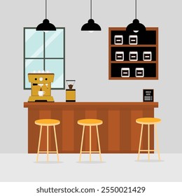 Flat illustration of a coffee shop counter with a yellow espresso machine, grinder, and three wooden stools. A window, shelving with coffee jars, and hanging black pendant lights enhance the modern