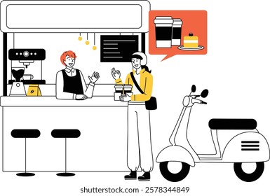 A flat illustration of a coffee shop stall with a barista and a delivery driver.