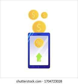 Flat  illustration of coins dropping into mobile phone. The depositing money into an account, e-commerce, online business vector concept illustration isolated on white. Investment Growth. 