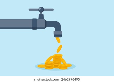 Flat illustration of coins falling from tap steady flow of investments returns finance