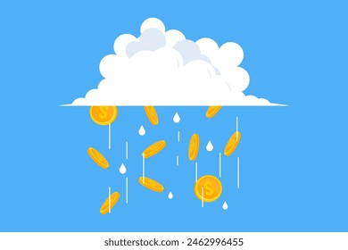 Flat illustration of coins flowing from cloud dreamy and aspiration nature of wealth investment