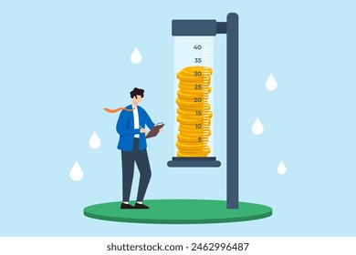 Flat illustration of coins in rain gauge businessman measuring returns and growth in investments