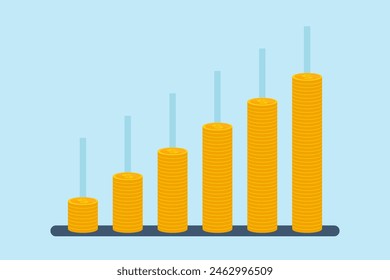 Flat illustration of coins stacked as bar graph concept growth and investments progress