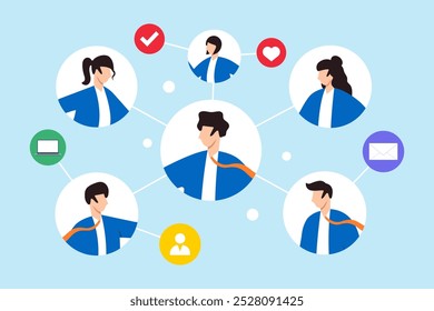 Flat illustration of colleagues communicate internally networking within company for success