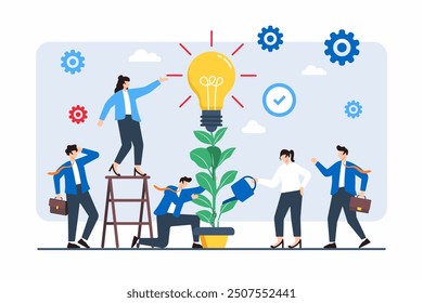 Flat illustration of colleagues planting seeds of ideas, symbolizing innovation and growth