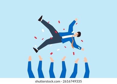 Flat illustration of colleagues throw boss into air with confetti celebrating job promotion team success winning prize goal achievement