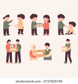 Flat illustration collection about kindness and sharing. Characters donating, helping friends, volunteering and supporting community. Perfect for education, social campaign, poster, event and social media content.