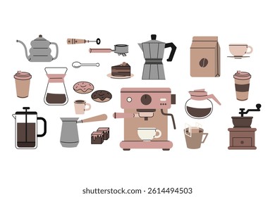 Flat illustration collection of coffee related items espresso machine, moka pot, French press, grinder, cups, takeaway drinks, pastries, and coffee accessories. Ideal for cafe menus, barista visuals