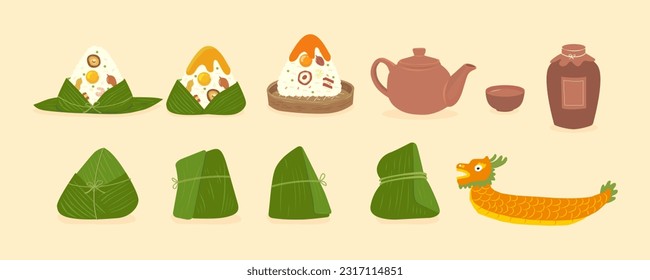 A flat illustration collection of Dragon Boat Festival elements including zongzi, realgar wine, teapot, cup, bamboo basket, and dragon boat, presented in various wrapping styles