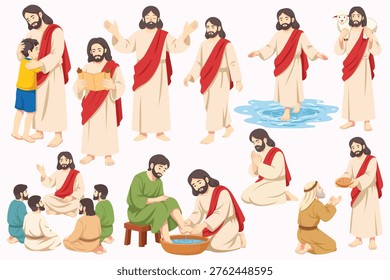 Flat illustration collection showing Jesus Christ teaching disciples helping people blessing children praying performing miracles and spreading love inspired by Bible stories suitable for church education Christian events and religious learning materials