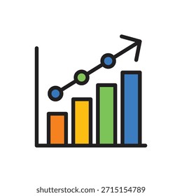 Flat illustration of a colorful bar chart with upward-trending line graph and arrow, ideal for business growth visuals, performance metrics, and financial analytics.