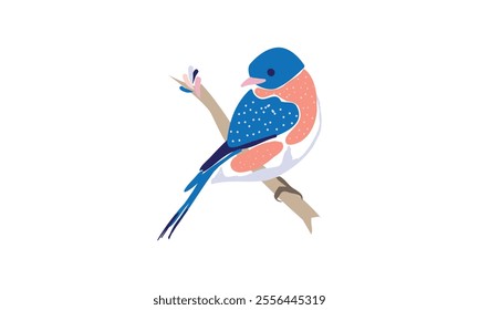 Flat illustration of a colorful bird with dotted patterns sitting on a branch in minimalist style.