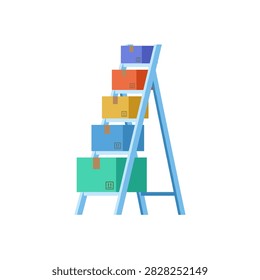 Flat illustration of colorful cardboard boxes stacked on the rungs of a blue ladder isolated on a white background