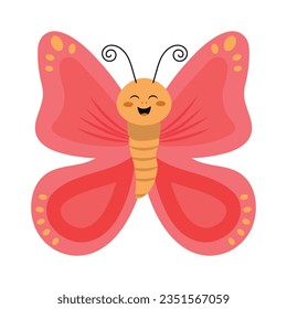 Flat illustration of a colorful cheerful butterfly with pink wings on a white background.