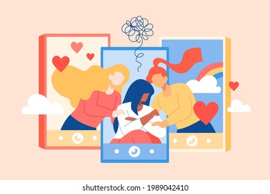 Flat illustration of comforting a friend on the phone. Two females comforts a good friend who feeling depressed and sending her lots of love as supports on the video call