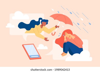 Flat illustration of comforting a friend on the phone. A woman comforts her good friend who feeling sad and sending her an umbrella as a shelter on the video call