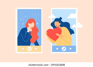 Flat illustration of comforting a friend on the phone. A woman comforts her good friend who feeling sad and sending her a big heart as support on the video call