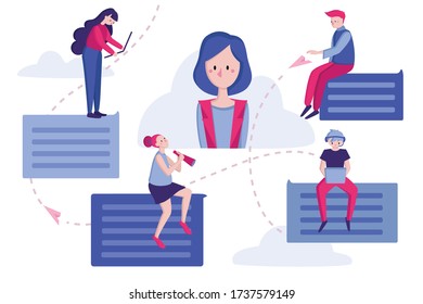 Flat illustration. Communicating or talking to each other. Dialogs or conversations between colleagues or clerks at office. Marketing consumer audience communication service for influencer advertising