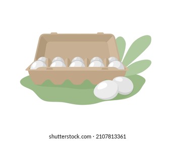 Flat illustration of a composition with an open package of ten eggs and eggs lying separately. Packaging, useful product, shopping, farm product. Illustration of carton packaging for eggs. Vector.