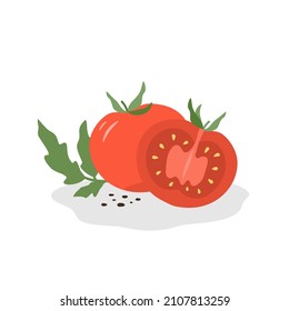 Flat illustration of a composition - tomatoes and herbs on a white background. Tomato whole and chopped. Vector illustration - eps10.