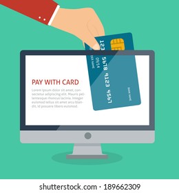 Flat illustration of computer and hand holding plastic card