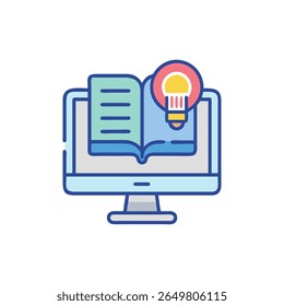 A flat illustration of a computer screen displaying an open book and a lightbulb indicating knowledge acquisition and creativity.
