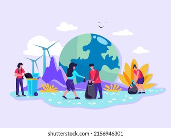 Flat illustration, concept, banner. Volunteers collect trash in a park with mountains and windmills. This is a symbol of protecting the environment. Make the air good and prevent global warming.